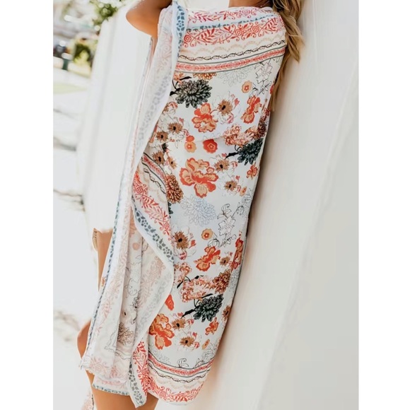 Boho Creamy White Floral Kimono Wrap Beach Coverup - Picture 4 of 16